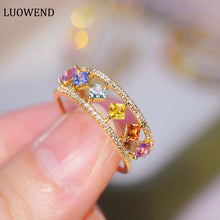 Load image into Gallery viewer, LUOWEND 18K Yellow Gold Real Natural Aquamarine and Diamond Gemstone Ring for Women