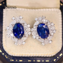 Load image into Gallery viewer, LUOWEND 18K White Gold Real Natural Sapphire and Diamond Gemstone Earrings for Women