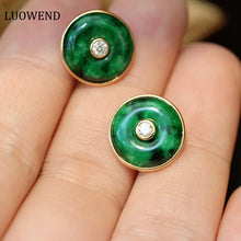 Load image into Gallery viewer, LUOWEND 18K Yellow Gold Real Natural Diamond and Jadeite Gemstone Earrings for Women