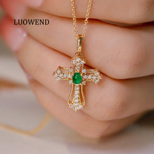 Load image into Gallery viewer, LUOWEND 18K Yellow Gold Real Natural Emerald and Diamond Gemstone Necklace for Women