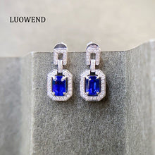 Load image into Gallery viewer, LUOWEND 18K White Gold Natural Diamond and Sapphire Earrings for Women