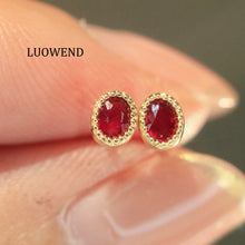 Load image into Gallery viewer, LUOWEND 18K Yellow Gold Natural Ruby Earrings for Women