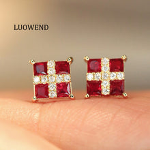 Load image into Gallery viewer, LUOWEND 18K Yellow Gold Natural Ruby Earrings for Women