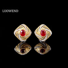 Load image into Gallery viewer, LUOWEND 18K Yellow Gold Real Natural Ruby and Diamond Earrings for Women