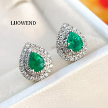 Load image into Gallery viewer, LUOWEND 18K White Gold Ntural Emerald Earrings for Women