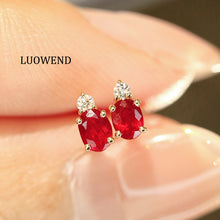 Load image into Gallery viewer, LUOWEND 18K Yellow Gold Natural Ruby Earrings for Women