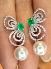 Load image into Gallery viewer, LUOWEND 18K White Gold Natural Diamond and Emerald Earrings for Women