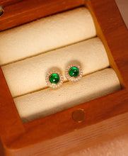 Load image into Gallery viewer, LUOWEND 18K Yellow Gold Real Natural Emerald and Diamond Earrings for Women