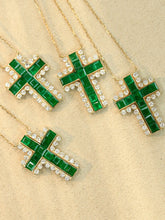 Load image into Gallery viewer, LUOWEND 18K Yellow Gold Natural Emerald Cross Pendant Necklace for Women
