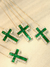 Load image into Gallery viewer, LUOWEND 18K Yellow Gold Natural Emerald Cross Pendant Necklace for Women