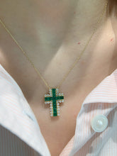 Load image into Gallery viewer, LUOWEND 18K Yellow Gold Natural Emerald Cross Pendant Necklace for Women