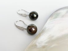 Load image into Gallery viewer, LUOWEND 18K White Gold Real Natural Diamond and Tahiti Black Pearl Earrings for Women