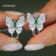 Load image into Gallery viewer, LUOWEND 18K White Gold Real Natural Emerald and Diamond Gemstone Earrings for Women