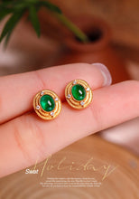Load image into Gallery viewer, LUOWEND 18K Yellow Gold Real Natural Emerald and Diamond Gemstone Earrings for Women