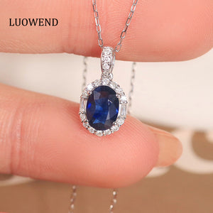 LUOWEND 18K White Gold Real Natural Sapphire and Diamond Gemstone Necklace for Women