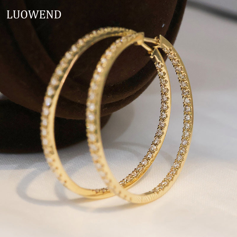 LUOWEND 18K Yellow Gold Real Natural Diamond Hoop Earrings for Women