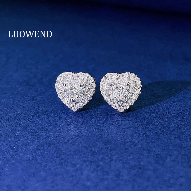 LUOWEND 18K White Gold Real Natural Diamond Stud Earrings for Women