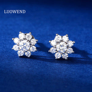 LUOWEND 18K White Gold Real Natural Diamond Stud Earrings for Women