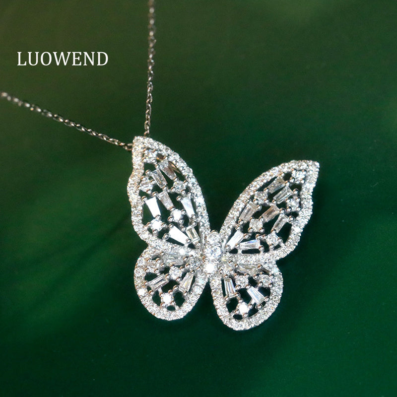 LUOWEND 18K White Gold Real Natural Diamond Pendant Necklace for Women