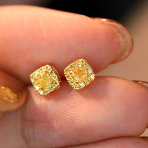 LUOWEND 18K Yellow Gold Real Natural Yellow Diamond Stud Earrings for Women