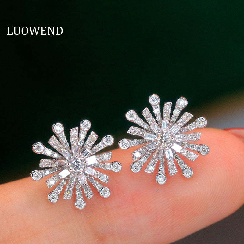 LUOWEND 18K White Gold Real Natural Diamond Stud Earrings for Women