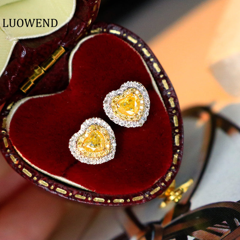 LUOWEND 18K White Gold Real Natural Yellow Diamond Stud Earrings for Women