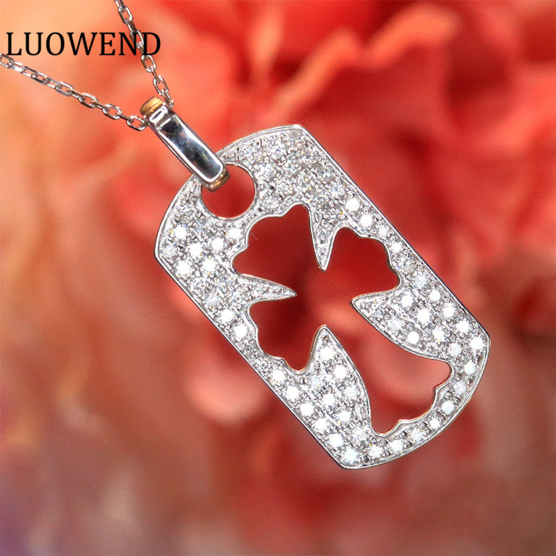 LUOWEND 18K White Gold Real Natural Diamond Pendant Necklace for Women