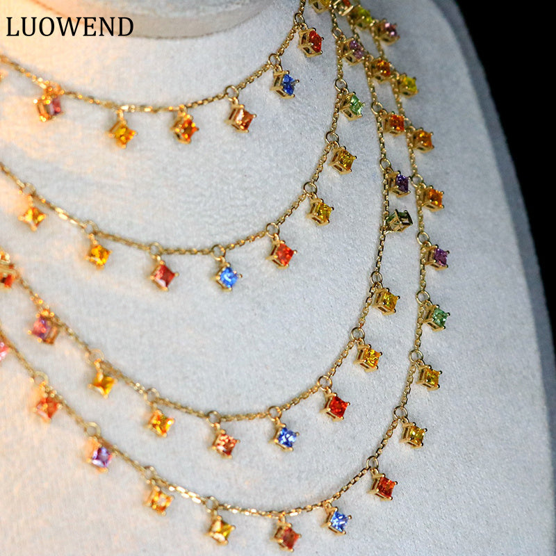 LUOWEND 18K Yellow Gold Real Natural Aquamarine Gemstone Necklace for Women