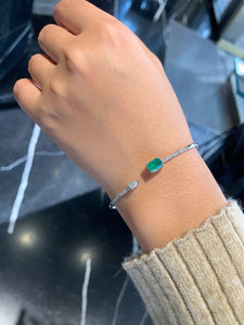 LUOWEND 18K White Gold Real Natural Emerald and Diamond Gemstone Bracelet for Women