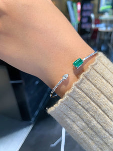 LUOWEND 18K White Gold Real Natural Emerald and Diamond Gemstone Bracelet for Women