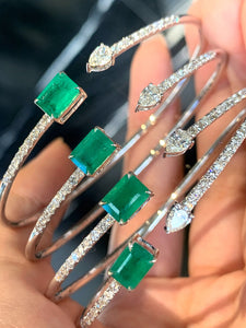 LUOWEND 18K White Gold Real Natural Emerald and Diamond Gemstone Bracelet for Women