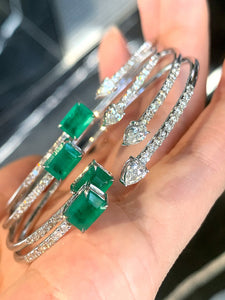 LUOWEND 18K White Gold Real Natural Emerald and Diamond Gemstone Bracelet for Women