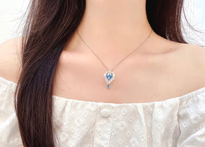LUOWEND 18K White Gold Real Natural Aquamarine and Diamond Gemstone Necklace for Women