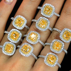 LUOWEND 18K White Gold Real Natural Yellow Diamond Ring for Women