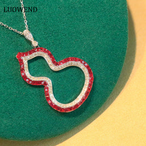 LUOWEND 18K White Gold Real Natural Diamond and Ruby Gemstone Necklace for Women