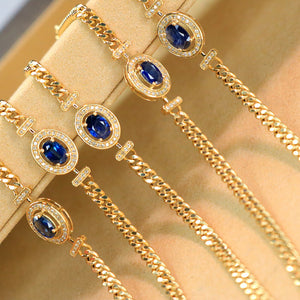 LUOWEND 18K Yellow Gold Real Natural Sapphire and Diamond Gemstone Bracelet for Women