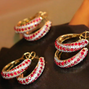 LUOWEND 18K Yellow Gold Real Natural Diamond and Ruby Gemstone Earrings for Women