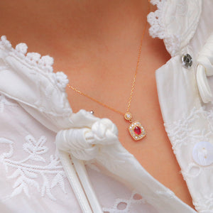 LUOWEND 18K Yellow Gold Real Natural Ruby Gemstone Necklace for Women