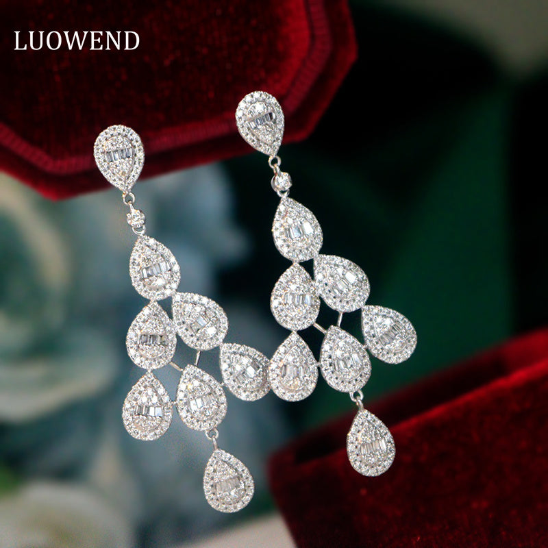 LUOWEND 18K White Gold Real Natural Diamond Drop Earrings for Women
