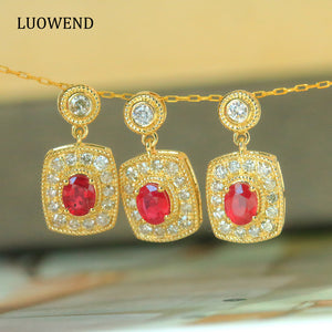 LUOWEND 18K Yellow Gold Real Natural Ruby Gemstone Necklace for Women