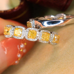 LUOWEND 18K White Gold Real Natural Yellow Diamond Ring for Women