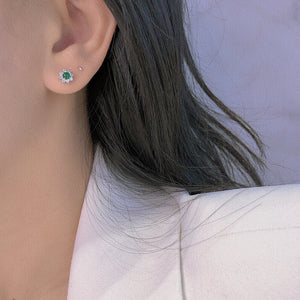 LUOWEND 18K White Gold Real Natural Jadeite and Diamond Stud Earrings for Women