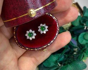 LUOWEND 18K White Gold Real Natural Jadeite and Diamond Stud Earrings for Women