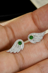 LUOWEND 18K White Gold Real Natural Jadeite and Diamond Stud Earrings for Women