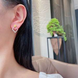 LUOWEND 18K White Gold Real Natural Yellow Diamond Stud Earrings for Women