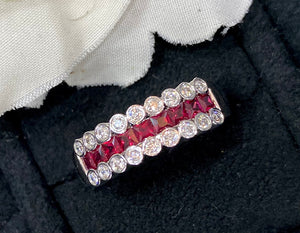 LUOWEND 18K White Gold Real Natural Ruby and  Diamond Gemstone Ring for Women