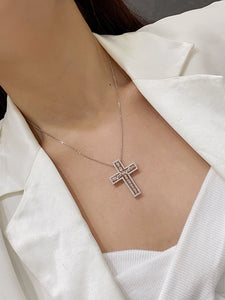 LUOWEND 18K White Gold Real Natural Diamond Cross Pendant Necklace for Women