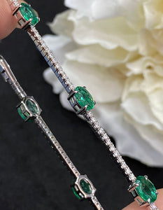 LUOWEND 18K White Gold Real Natural Emerald Gemstone Bracelet for Women