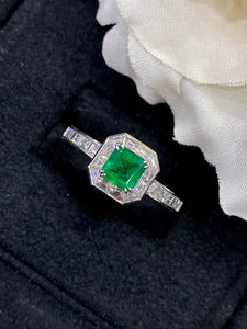 LUOWEND 18K White Gold Real Natural Emerald Gemstone Ring for Women