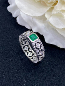 LUOWEND 18K White Gold Real Natural Emerald Gemstone Ring for Women